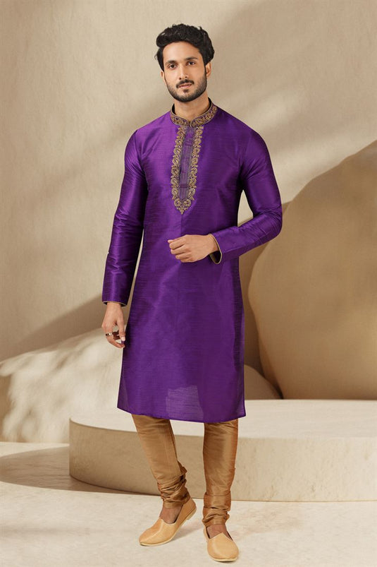 Artistic Purple Color Banarasi Art Silk Fabric Reception Wear Readymade Kurta Pyjama For Men