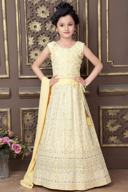 Yellow Color Sangeet Wear Blazing Sequins Work Readymade Kids Lehenga In Georgette Fabric