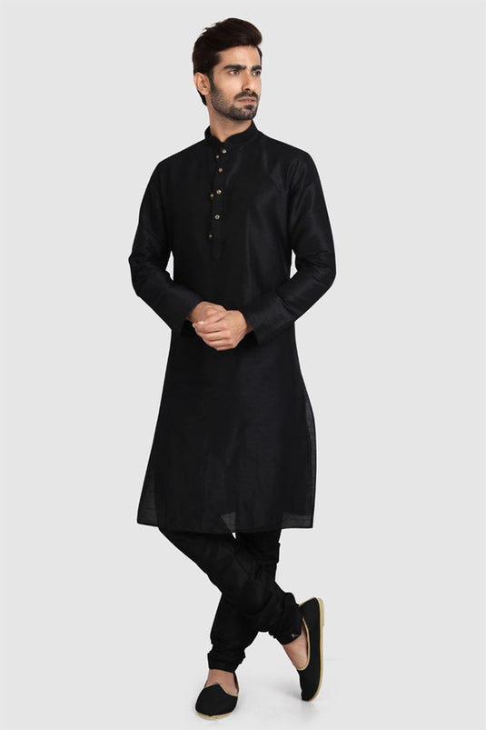 Lovely Black Color Art Silk Fabric Readymade Kurta Pyjama For Men