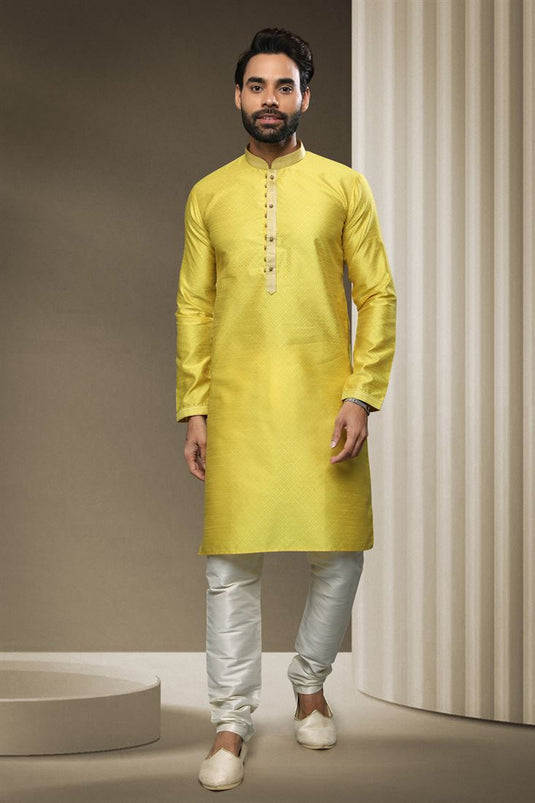 Yellow Color Jacquard Silk Fabric Festive Wear Readymade Kurta Pyjama For Men