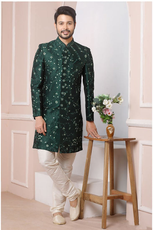 Pretty Dark Green Color Banarasi Silk Fabric Wedding Wear Groom Sherwani For Men