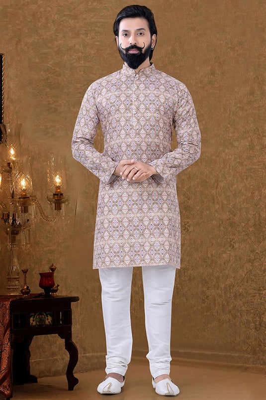 Sangeet Wear Cotton Fabric Beige Color Magnificent Kurta Pyjama