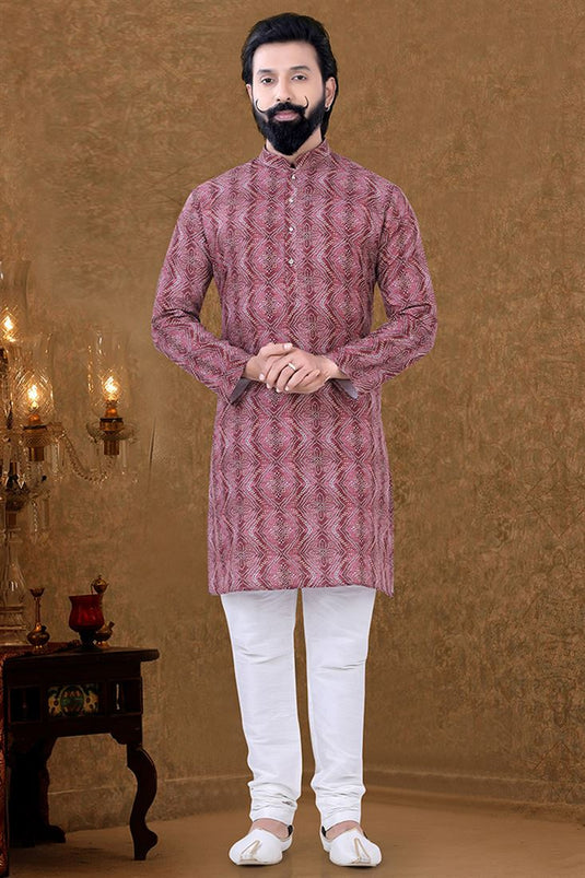 Burgundy Color Cotton Fabric Sangeet Wear Luminous Kurta Pyjama