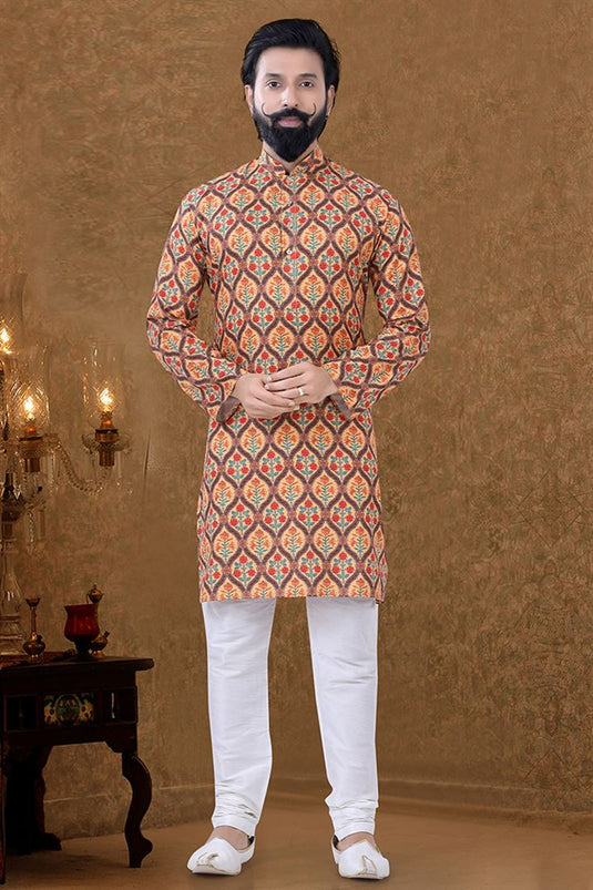 Cotton Fabric Ethnic Wear Wondrous Kurta Pyjama In Orange Color