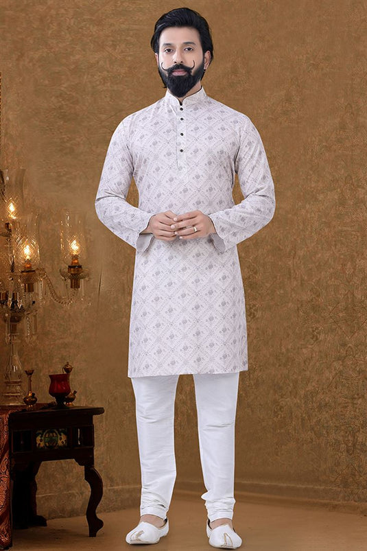 Cotton Fabric Sangeet Wear Vintage Kurta Pyjama In Off White Color