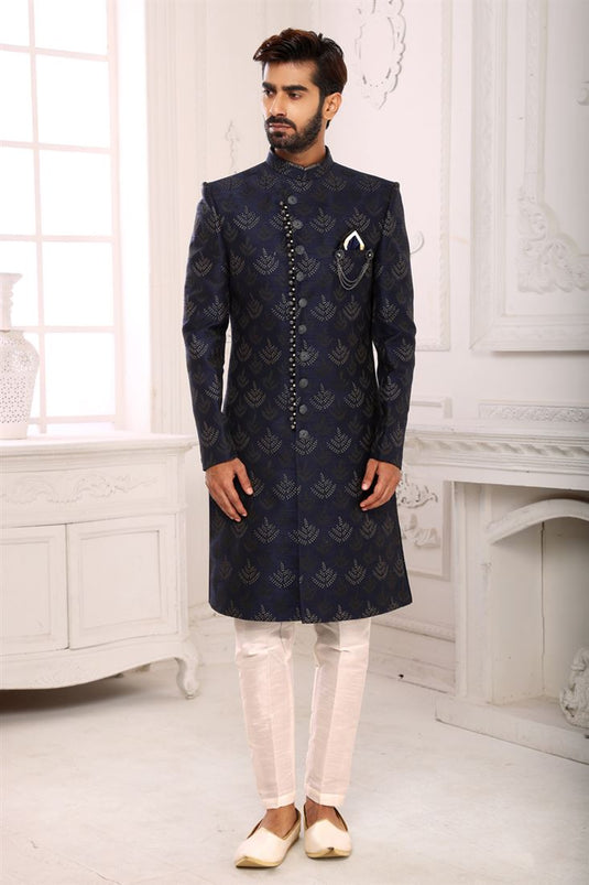 Appealing Navy Blue Color Brocade Fabric Indo Western For Men