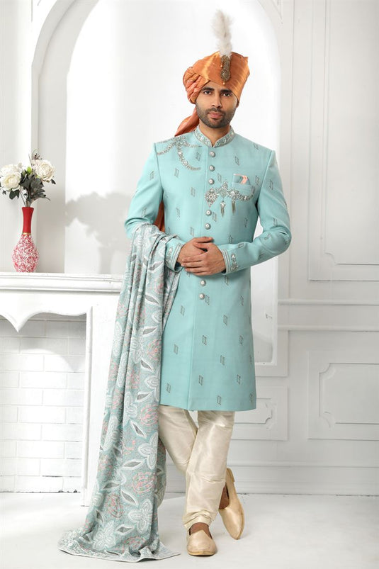 Silk Fabric Cyan Color Wedding Wear Readymade Men Stylish Sherwani With Stole