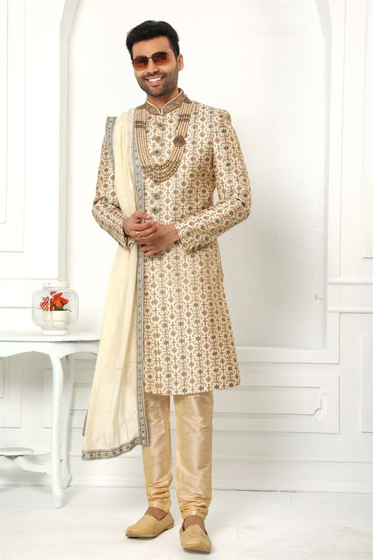 Pretty Silk Fabric Wedding Wear Readymade Men Sherwani In Beige Color With Stole