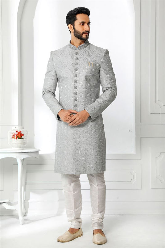 Silk Grey Artistic Magnificent Readymade Men Sherwani For Wedding Wear