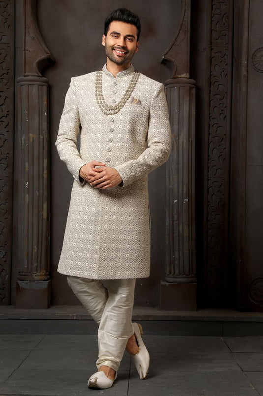 Silk Dark Beige Artistic Magnificent Readymade Men Groom Sherwani For Wedding Wear