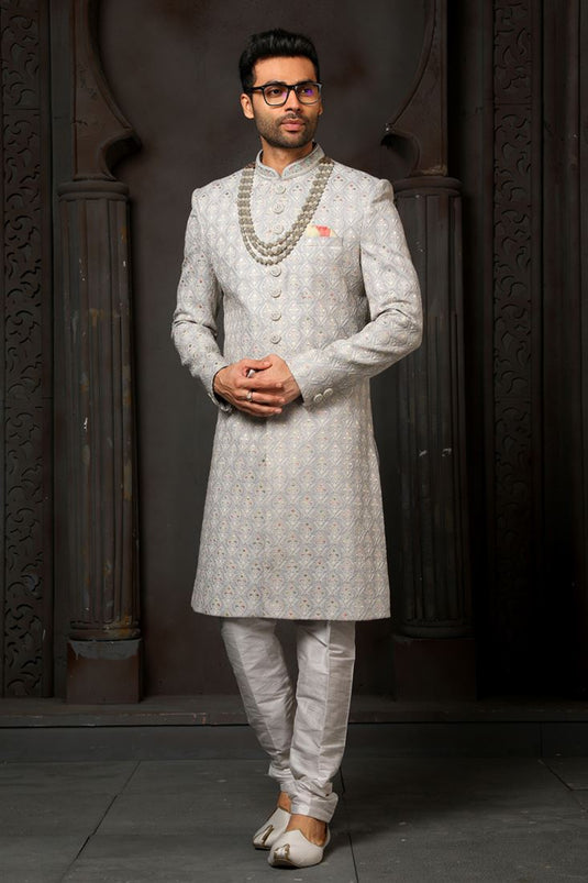 Heavy Embroidered Grey Color Wedding Wear Silk Fabric Designer Readymade Groom Sherwani For Men