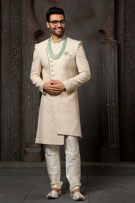 Wedding Wear Silk Fabric Designer Heavy Embroidered Readymade Groom Sherwani For Men In Beige Color