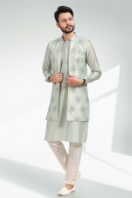 Fancy Sea Green Color Art Silk Fabric Function Wear Readymade Kurta Pyjama For Men With Modi Jacket Set