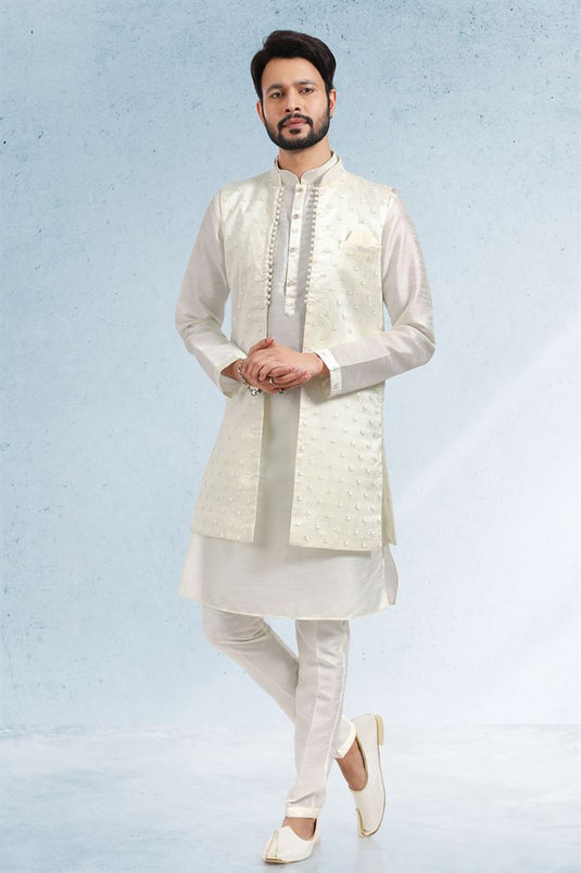 Art Silk White Color Wedding Wear Readymade Designer Men Kurta Pyjama With Modi Jacket