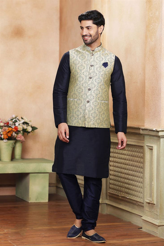 Readymade Navy Blue Color Jacquard Art Silk Fabric Beautiful Kurta Pyjama For Men With 3 Pcs Jacket Set