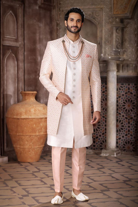 Cream Art Silk Fabric Trendy Readymade Indo Western For Men