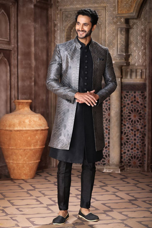 Art Silk Stunning Grey And Black Color Readymade Men Indo Western