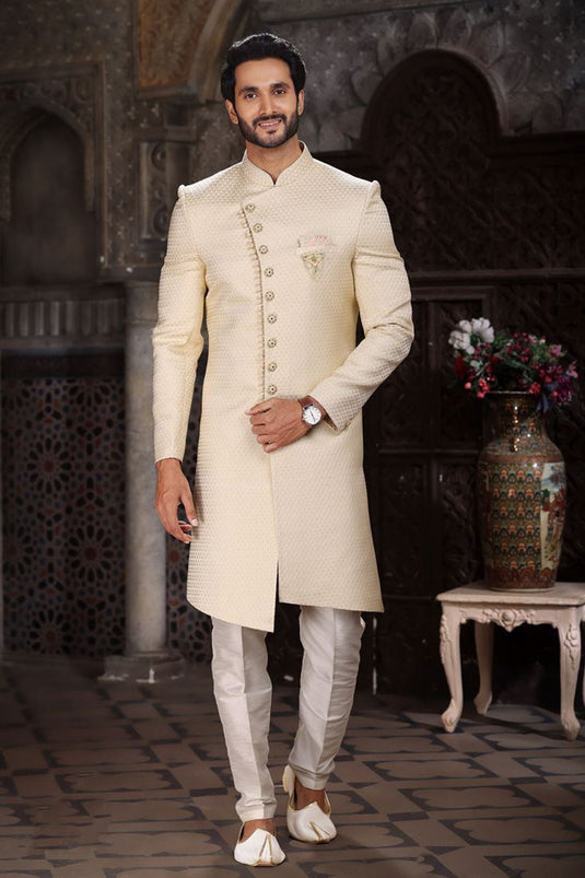 Jacquard Beige Color Readymade Designer Men Indo Western