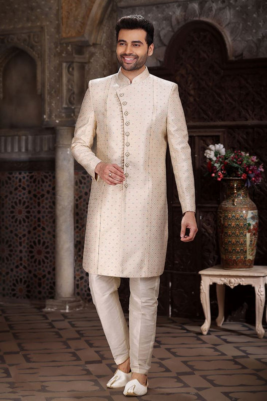 Stunning Beige Color Jacquard Fabric Designer Readymade Men Indo Western