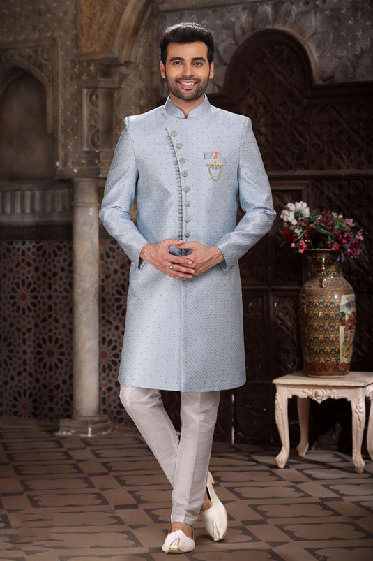 Jacquard Sky Blue Readymade Lovely Indo Western For Men