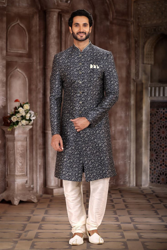 Art Silk Wedding Wear Attractive Readymade Men Indo Western In Black Color