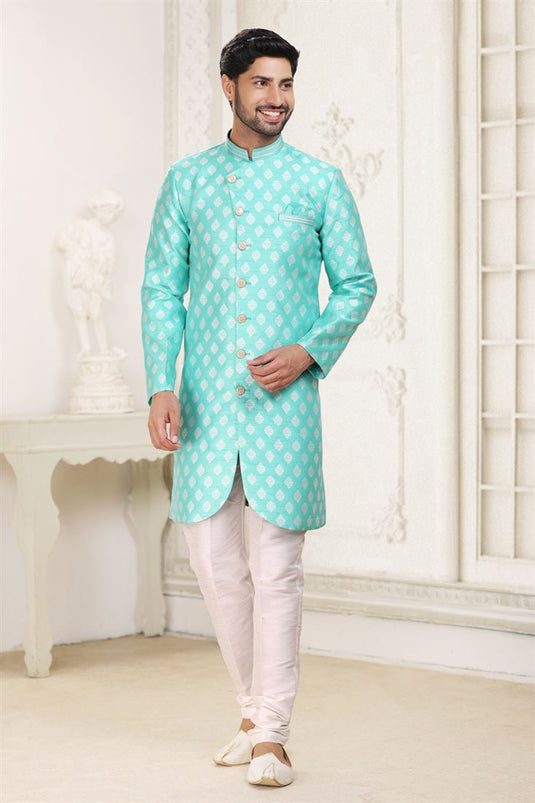 Banarasi Jacquard Cyan Color Wedding Wear Readymade Designer Men Indo Western