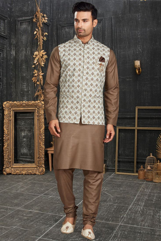 Extravagant Chikoo Color Cotton Fabric Kurta Pyjama With Jacket