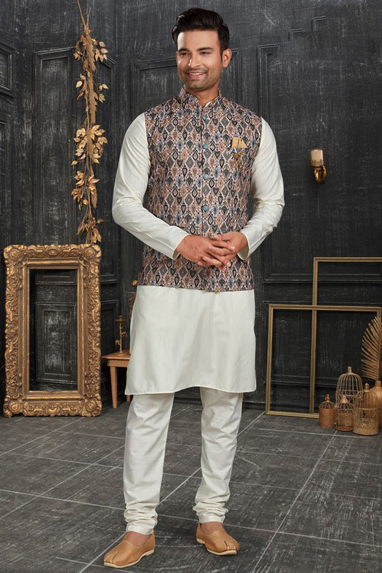 Cotton Fabric Stunning Kurta Pyjama Jacket Set In Off White Color