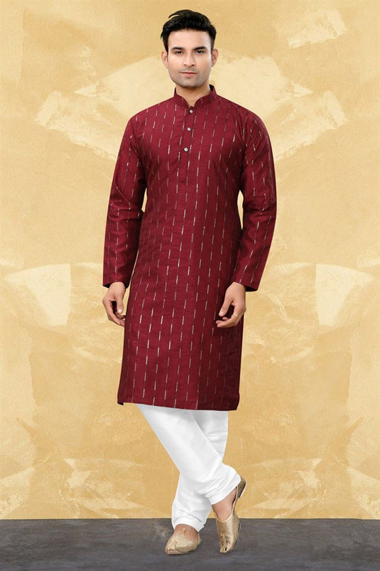 Fancy Maroon Color Art Silk Fabric Readymade Kurta For Men