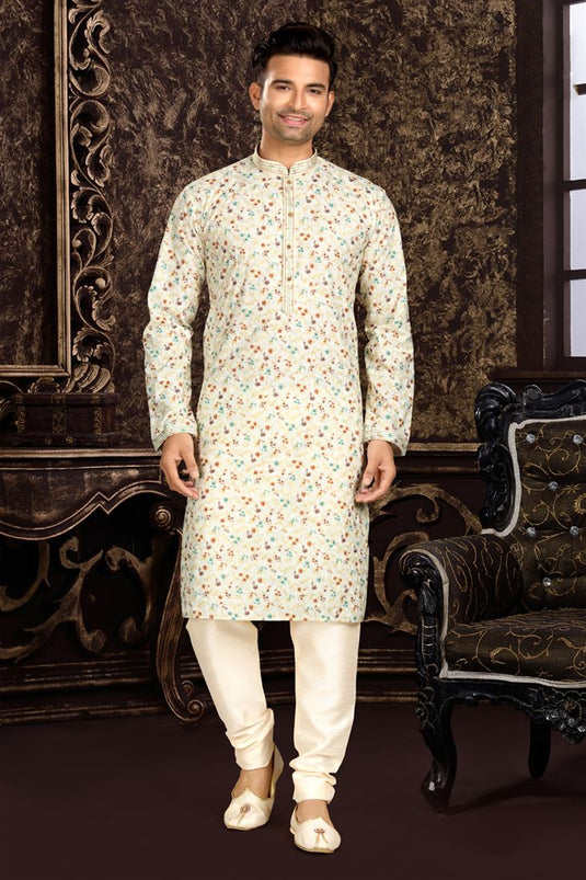 Printed Fancy Beige Cotton Fabric Readymade Kurta For Men