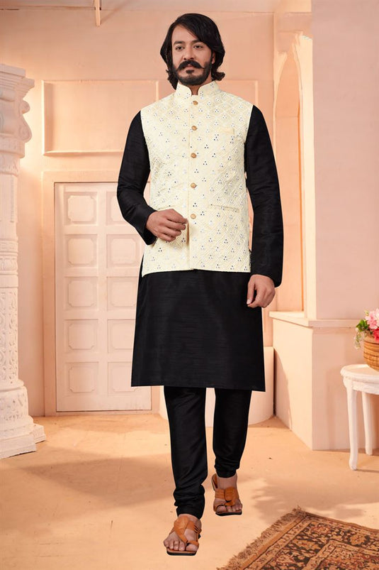 Gorgeous Black Color Art Silk Fabric Reception Wear Readymade Kurta Pyjama With Fancy Jacket