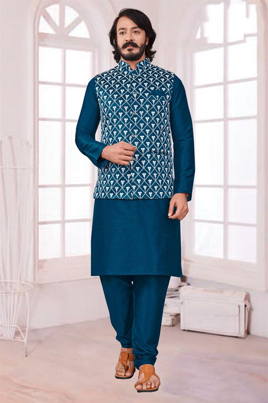 Stunning Teal Color Art Silk Fabric Festive Wear Readymade Kurta Pyjama With Trendy Jacket