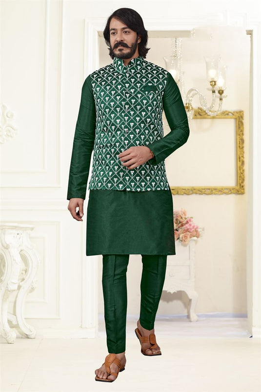 Beautiful Dark Green Color Art Silk Fabric Reception Wear Readymade Kurta Pyjama With Stylish Jacket