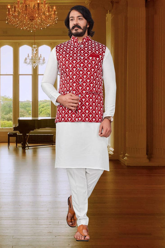 Enriching White Color Art Silk Fabric Festive Wear Readymade Kurta Pyjama With Designer Jacket