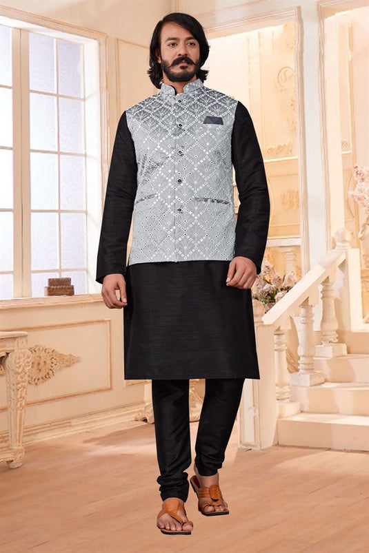 Gorgeous Black Color Art Silk Fabric Festive Wear Readymade Kurta Pyjama With Stylish Jacket