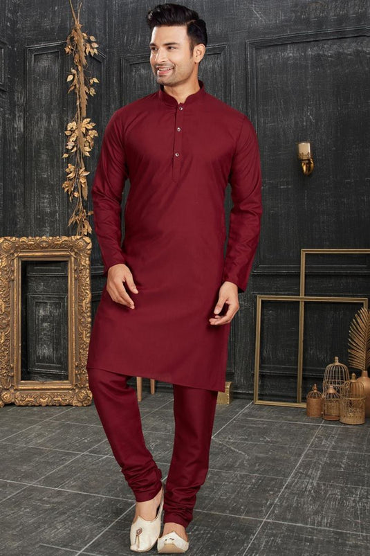 Sangeet Wear Readymade Kurta Pyjama For Men In Cotton Maroon Color
