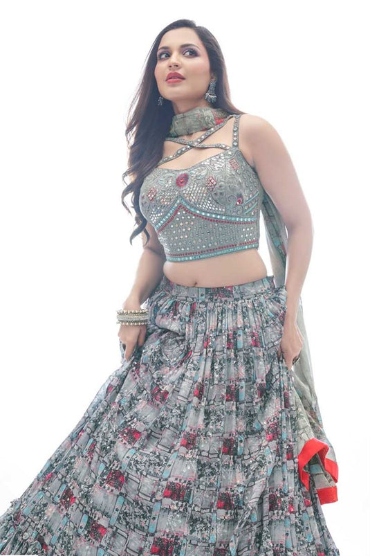 Grey Color Alluring Chinon Fabric Embroidered Work Lehenga