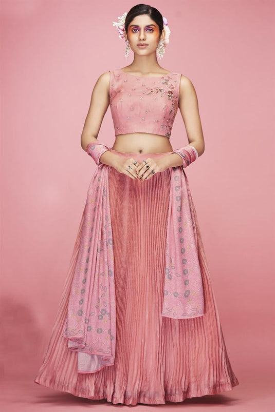 Embroidered Work Pink Color Art Silk Fabric Delicate Lehenga