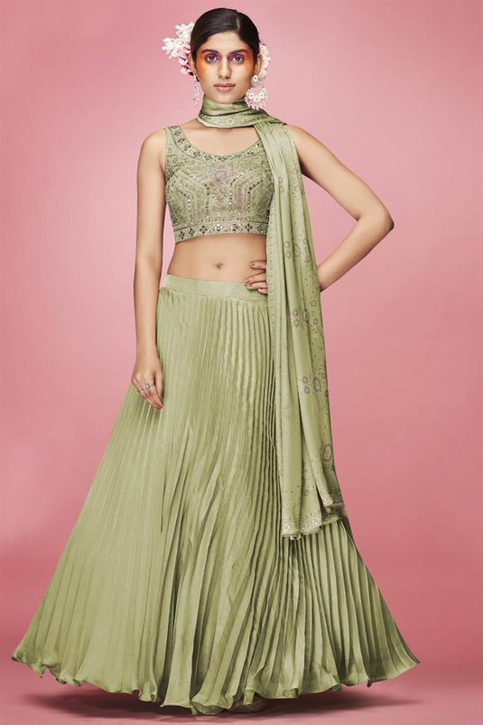 Green Color Embroidered Work On Art Silk Fabric Graceful Lehenga