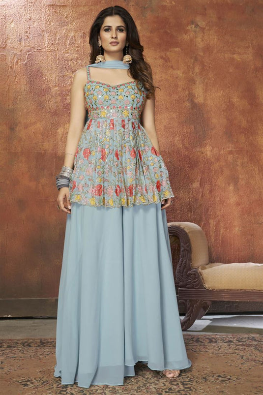 Function Wear Georgette Fabric Sequins Work Sky Blue Color Palazzo Suit