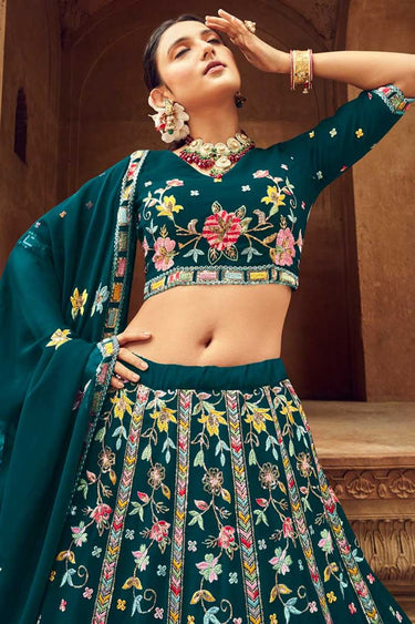 Teal Color Georgette Fabric Precious Embroidered Lehenga