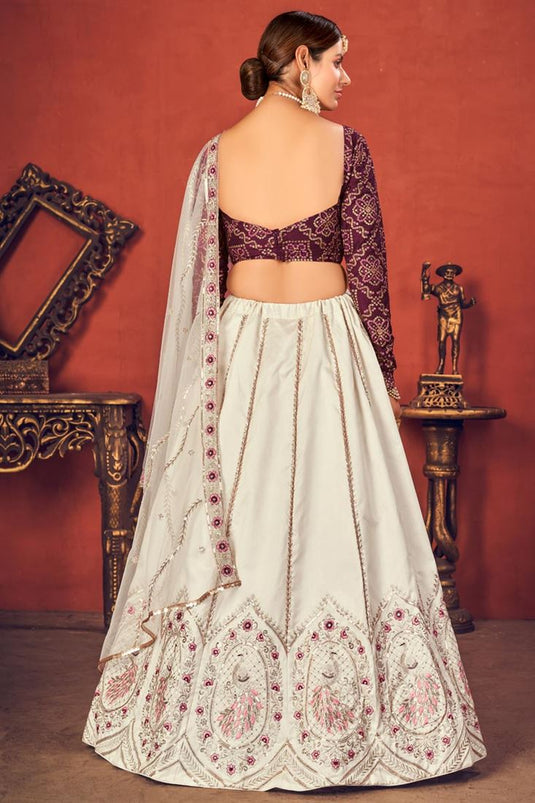 Wedding Wear Art Silk Fabric Embroidered Lehenga Choli In Off White Color