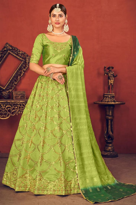 Green Color Wedding Wear Art Silk Fabric Embroidered Lehenga Choli