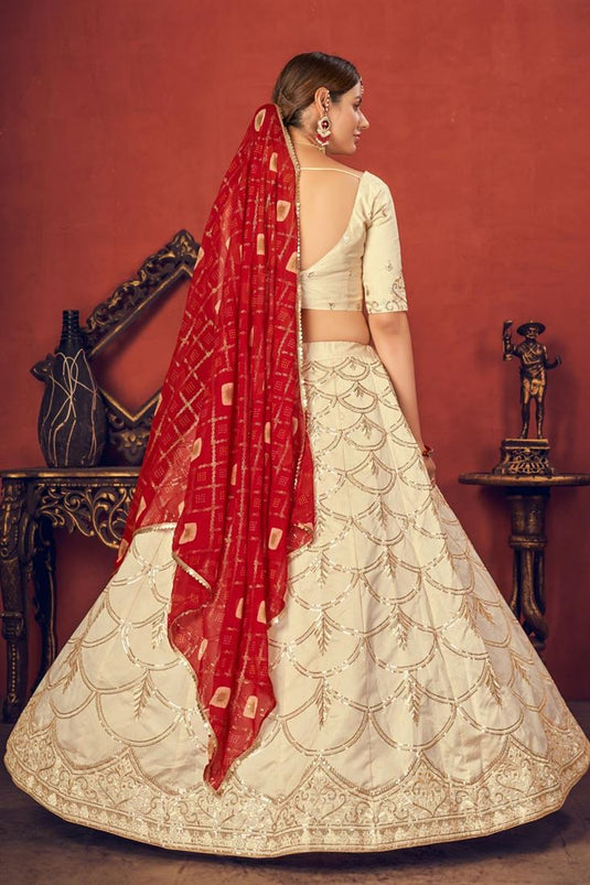 Beige Color Art Silk Fabric Fancy Embroidered Wedding Wear Lehenga Choli