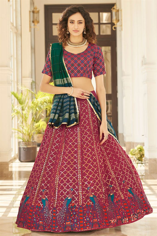 Georgette Fabric Sangeet Wear Attractive Lehenga In Rani Color