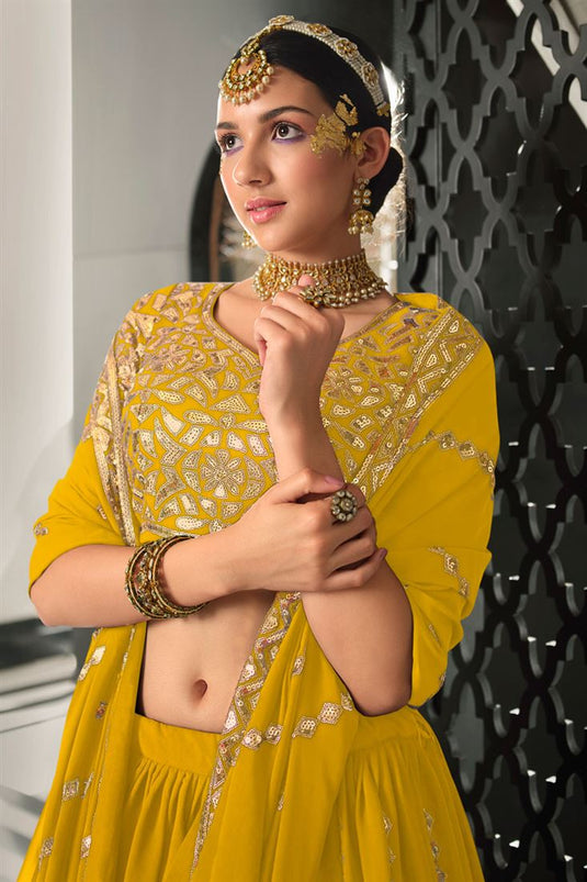 Engaging Yellow Color Georgette Fabric Lehenga With Sequins Work