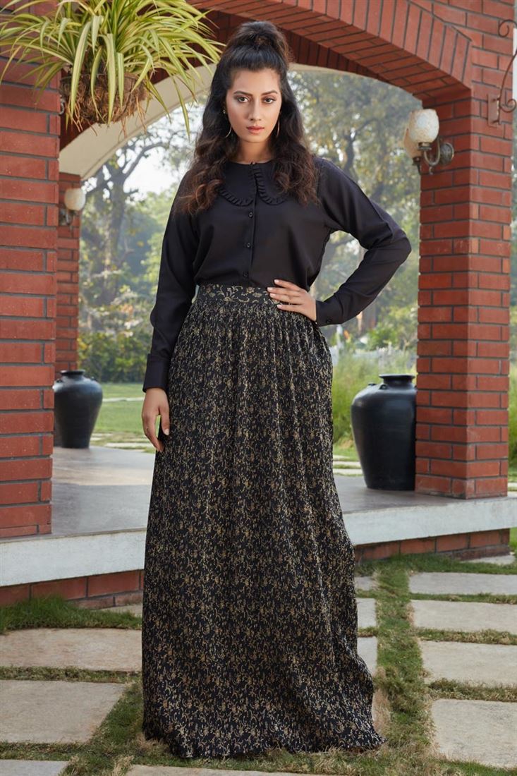 Exclusive Black Color Fancy Fabric Party Wear Indo Western Top And Printed Skirt