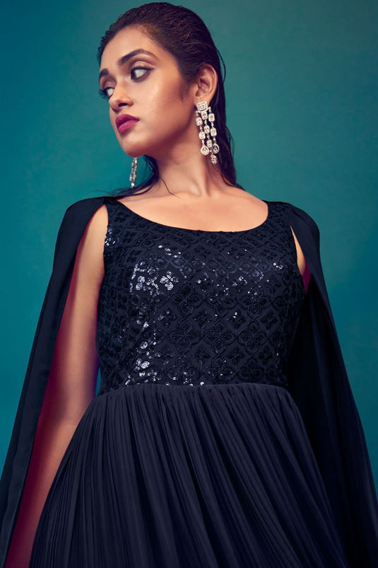 Navy Blue Color Beatific Look Georgette Readymade Gown With Dupatta