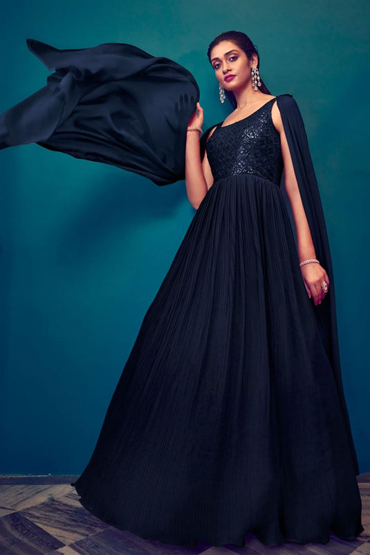 Navy Blue Color Beatific Look Georgette Readymade Gown With Dupatta