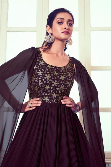 Sequins Work Purple Color Gown With Dupatta In Georgette Fabric